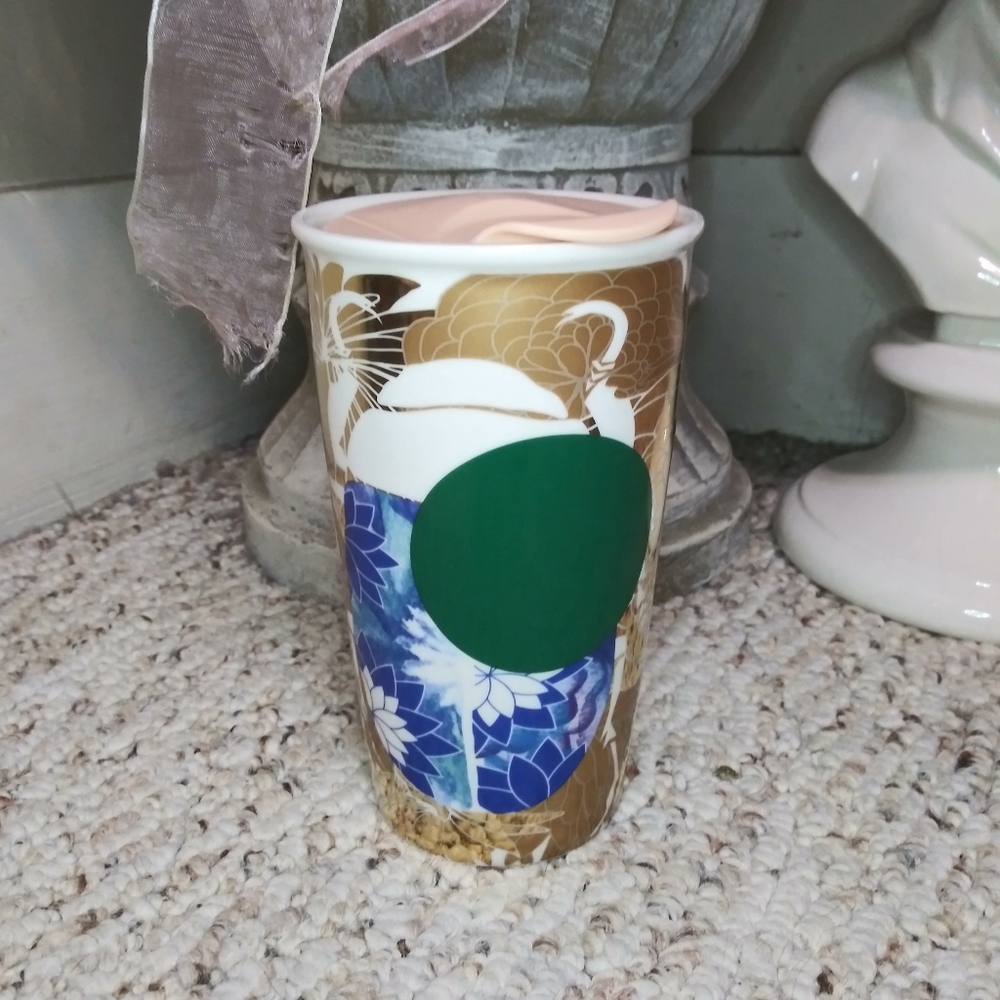 Starbucks 2014 Holiday Dot Collection Metallic Gold/Blue Asian Scarab Coffee Mug